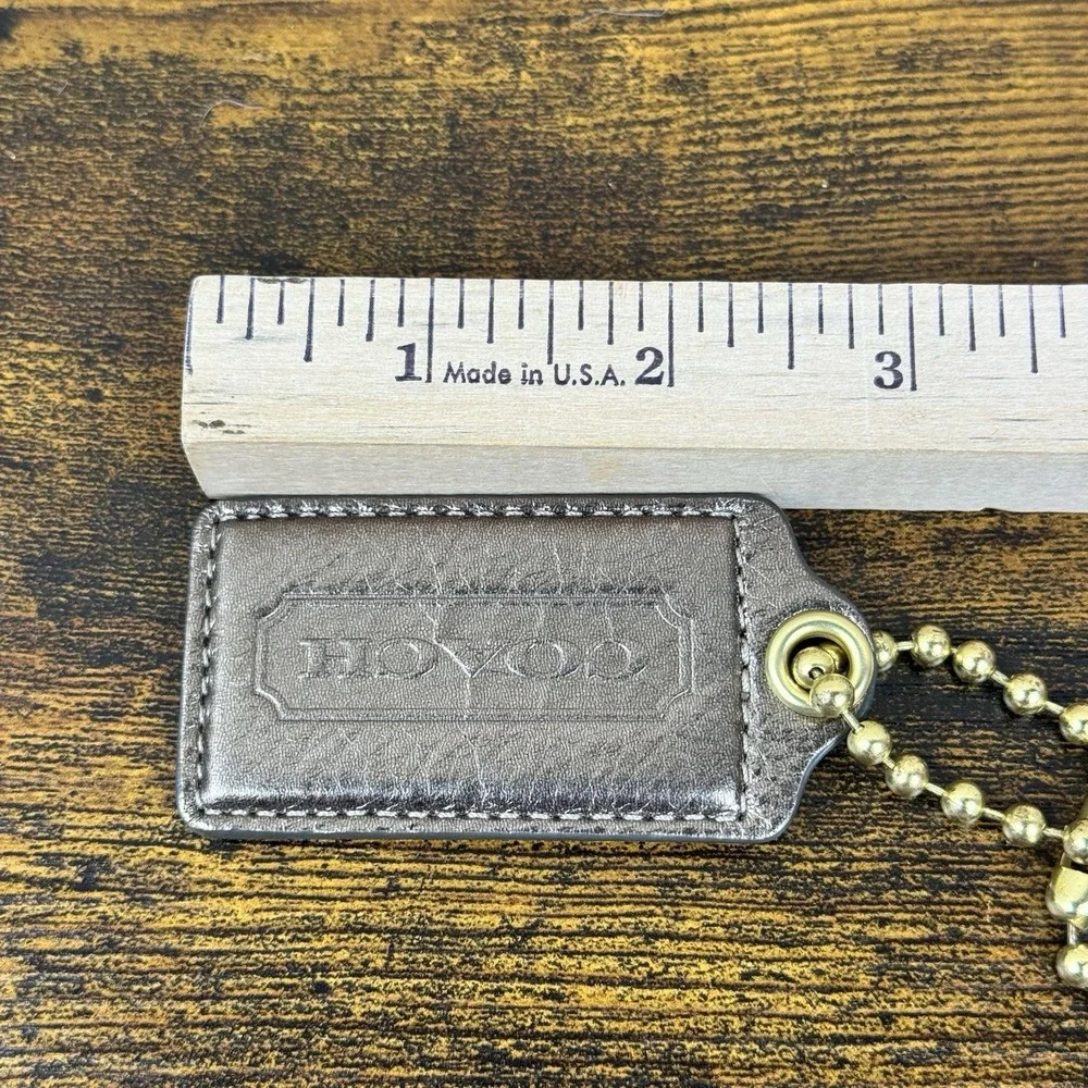 Coach Metallic Bronze Leather Hangtag‎ Keychain Gold Ball Chain Bag Charm